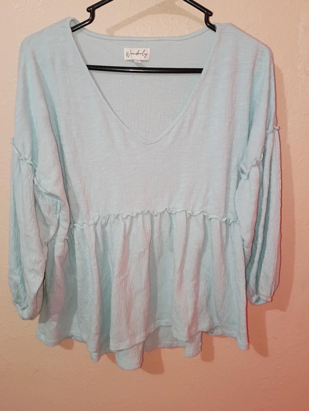Wonderly Size Small Pastel Blue V-Neck Peasant Blouse